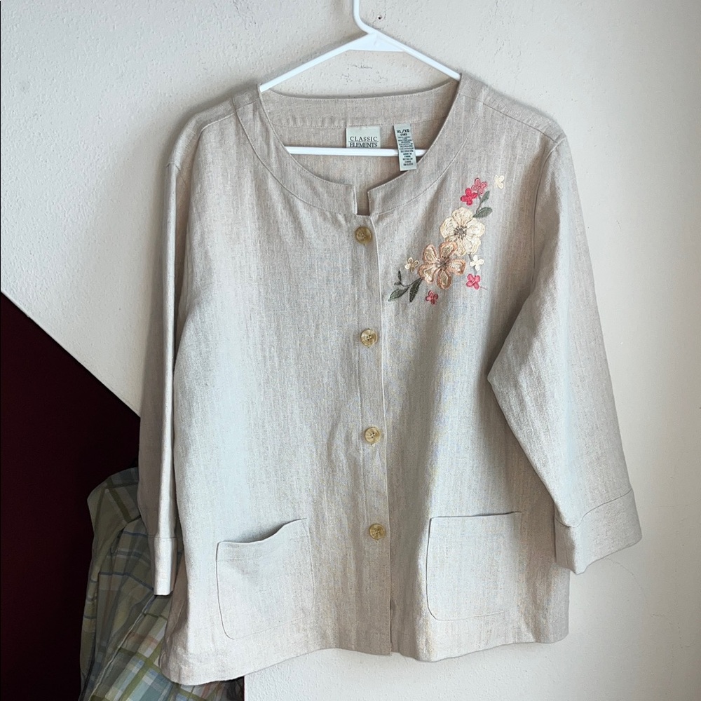 Classic Elements Beige Floral Embroidered Linen/Cotton Blazer XL 18